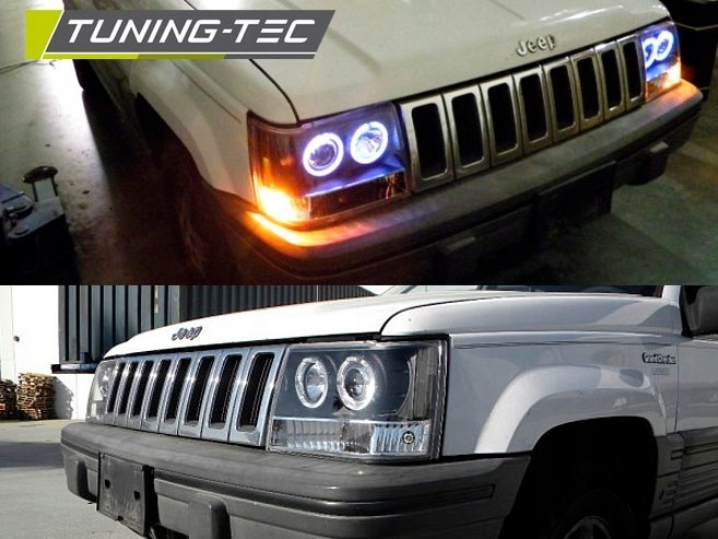 Чорні фари передні JEEP GRAND CHEROKEE ZJ з ангельськими вічками