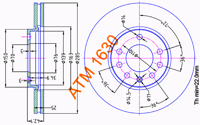 Гальмівний диск передній вентильований Saab ATM1630