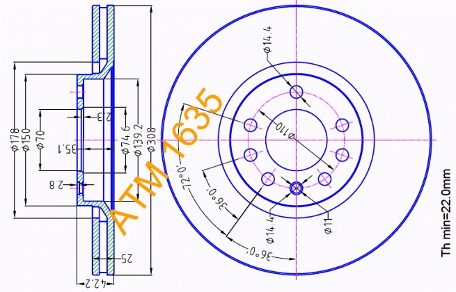 Гальмівний диск передній вентильований Saab ATM1635
