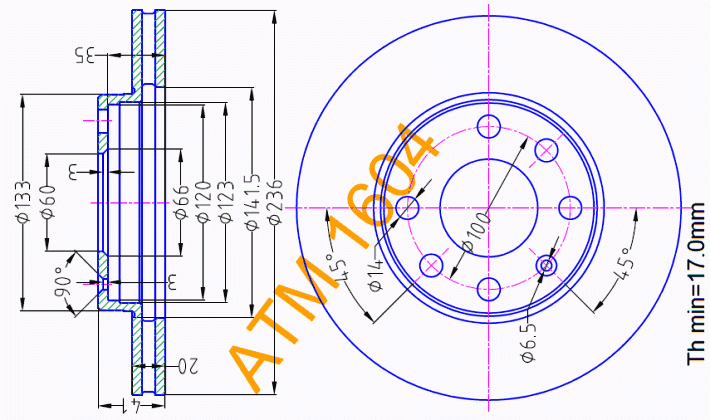 Гальмівний диск вентильований Daewoo ATM1604