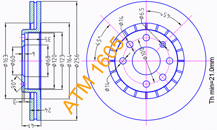 Гальмівний диск передній вентильований Daewoo ATM1605